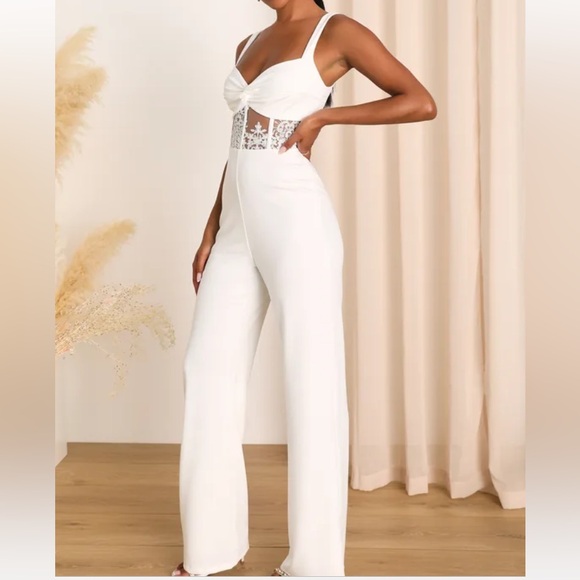 NWT Lulus Adore the Feeling White Sheer Lace Bustier Twist-Front Jumpsuit - Picture 4 of 4